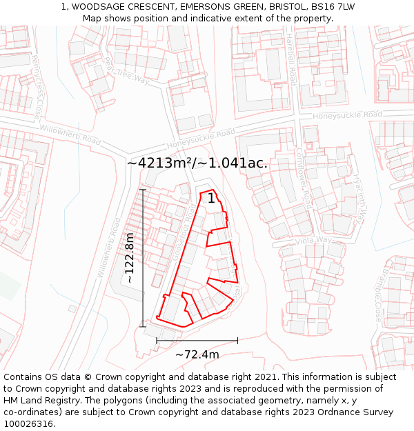 1, WOODSAGE CRESCENT, EMERSONS GREEN, BRISTOL, BS16 7LW: Plot and title map