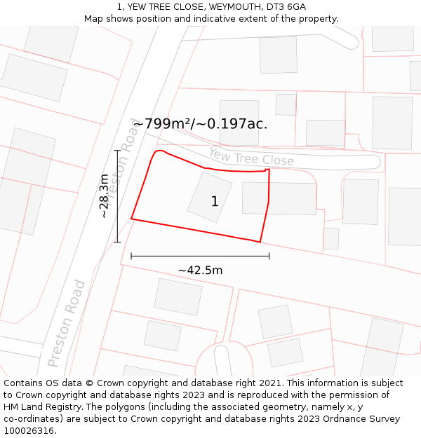 1, YEW TREE CLOSE, WEYMOUTH, DT3 6GA: Plot and title map