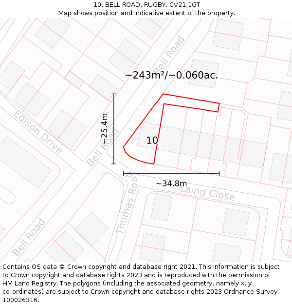 10, BELL ROAD, RUGBY, CV21 1GT: Plot and title map