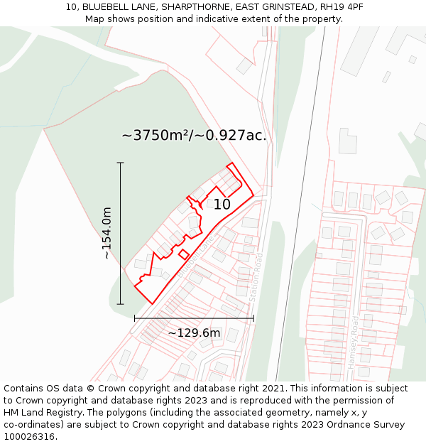 10, BLUEBELL LANE, SHARPTHORNE, EAST GRINSTEAD, RH19 4PF: Plot and title map