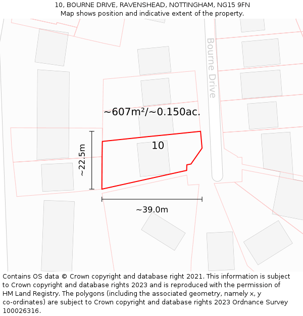 10, BOURNE DRIVE, RAVENSHEAD, NOTTINGHAM, NG15 9FN: Plot and title map