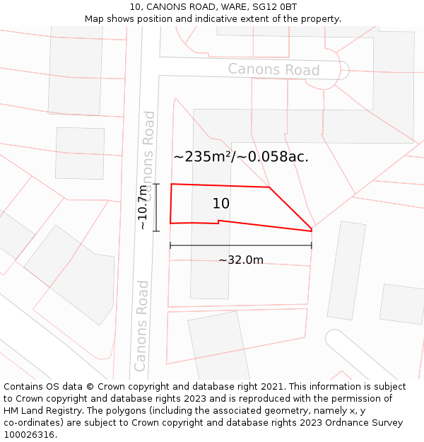 10, CANONS ROAD, WARE, SG12 0BT: Plot and title map