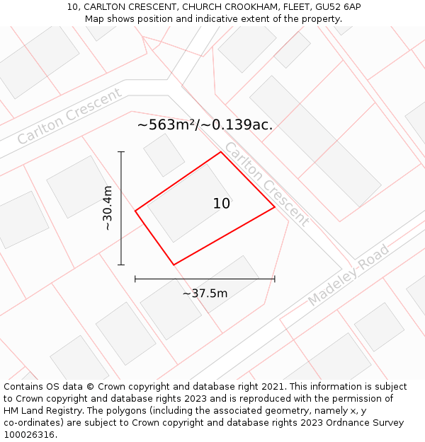 10, CARLTON CRESCENT, CHURCH CROOKHAM, FLEET, GU52 6AP: Plot and title map