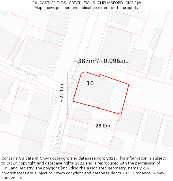 10, CASTLEFIELDS, GREAT LEIGHS, CHELMSFORD, CM3 1JW: Plot and title map