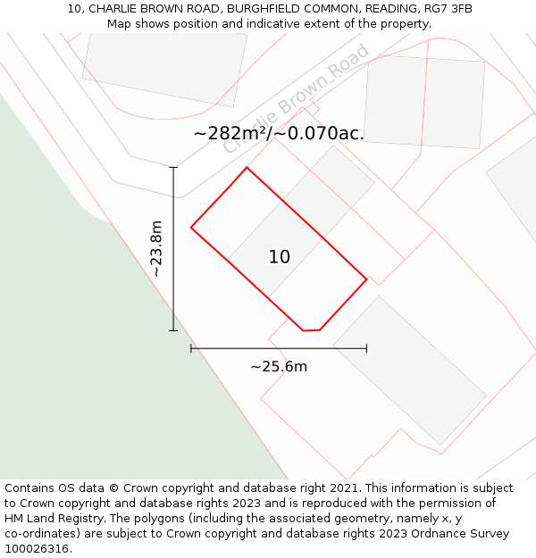 10, CHARLIE BROWN ROAD, BURGHFIELD COMMON, READING, RG7 3FB: Plot and title map