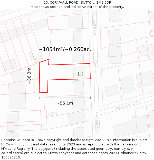 10, CORNWALL ROAD, SUTTON, SM2 6DR: Plot and title map