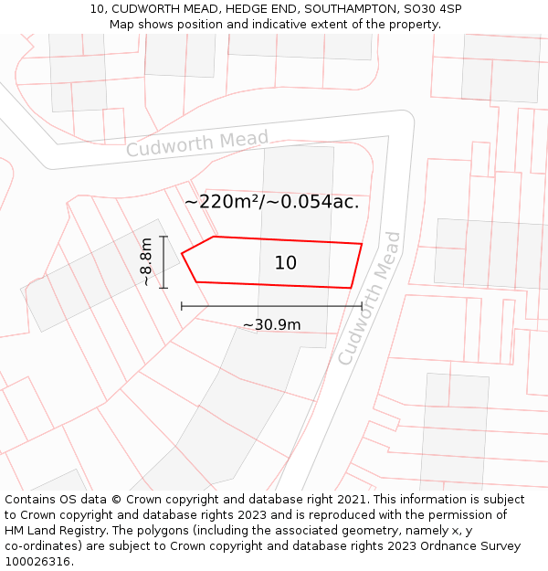 10, CUDWORTH MEAD, HEDGE END, SOUTHAMPTON, SO30 4SP: Plot and title map