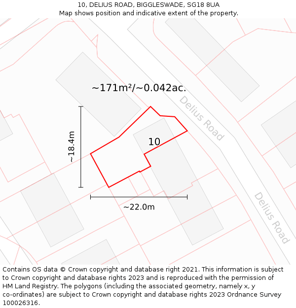 10, DELIUS ROAD, BIGGLESWADE, SG18 8UA: Plot and title map