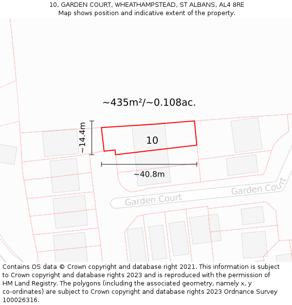 10, GARDEN COURT, WHEATHAMPSTEAD, ST ALBANS, AL4 8RE: Plot and title map