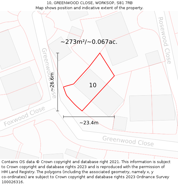 10, GREENWOOD CLOSE, WORKSOP, S81 7RB: Plot and title map