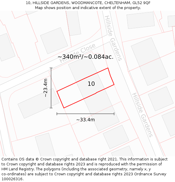 10, HILLSIDE GARDENS, WOODMANCOTE, CHELTENHAM, GL52 9QF: Plot and title map