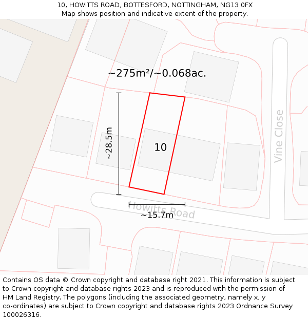 10, HOWITTS ROAD, BOTTESFORD, NOTTINGHAM, NG13 0FX: Plot and title map