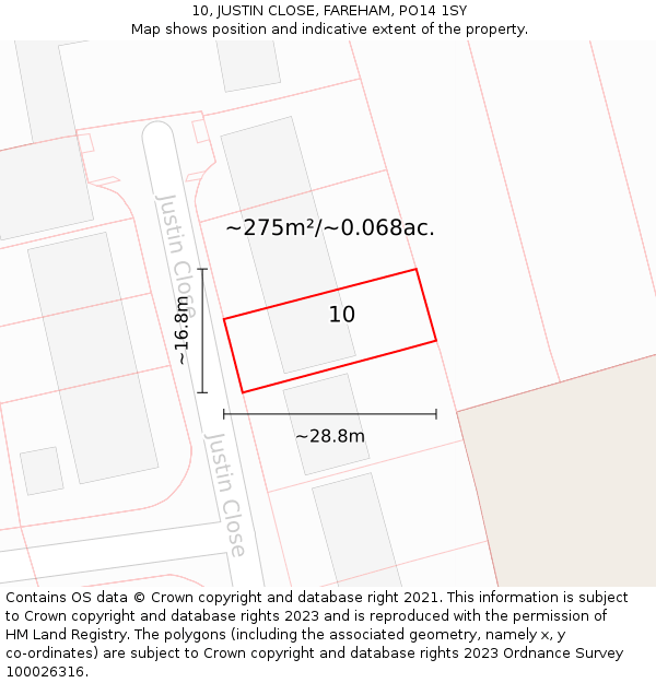 10, JUSTIN CLOSE, FAREHAM, PO14 1SY: Plot and title map