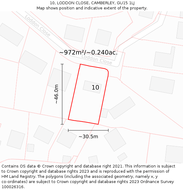 10, LODDON CLOSE, CAMBERLEY, GU15 1LJ: Plot and title map