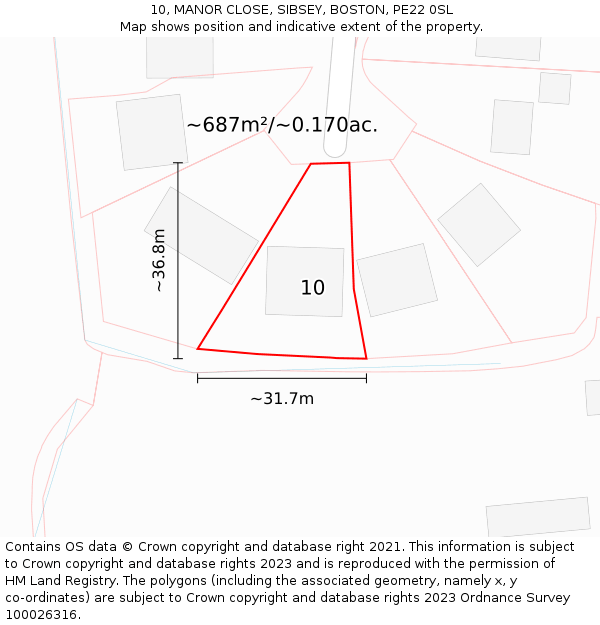 10, MANOR CLOSE, SIBSEY, BOSTON, PE22 0SL: Plot and title map