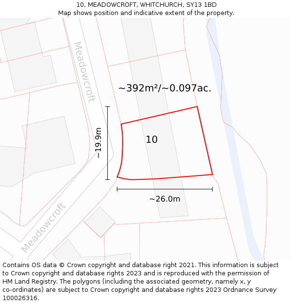 10, MEADOWCROFT, WHITCHURCH, SY13 1BD: Plot and title map