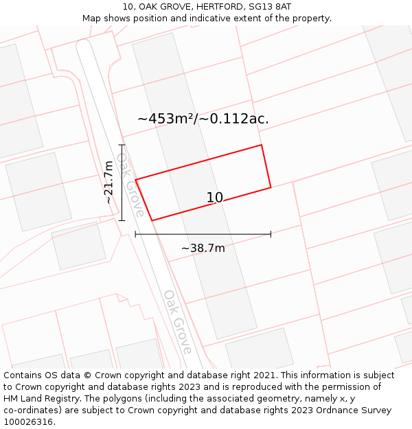 10, OAK GROVE, HERTFORD, SG13 8AT: Plot and title map