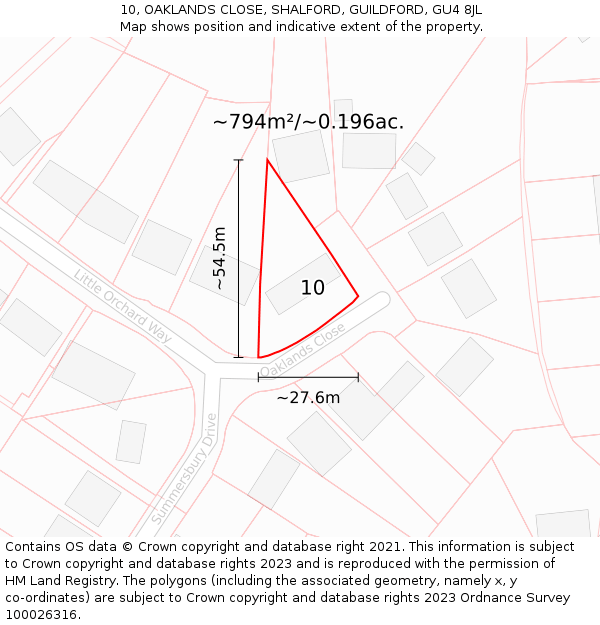 10, OAKLANDS CLOSE, SHALFORD, GUILDFORD, GU4 8JL: Plot and title map