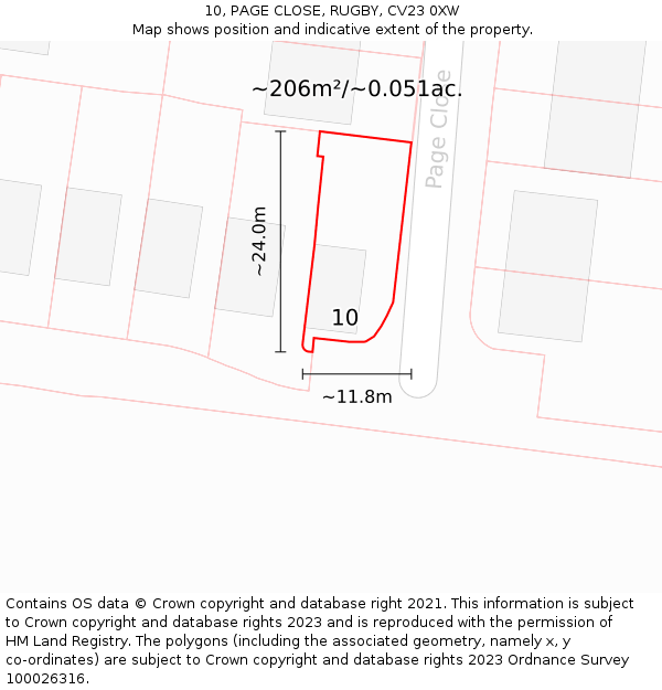 10, PAGE CLOSE, RUGBY, CV23 0XW: Plot and title map