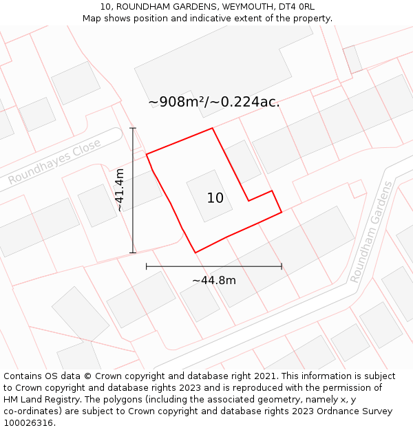 10, ROUNDHAM GARDENS, WEYMOUTH, DT4 0RL: Plot and title map