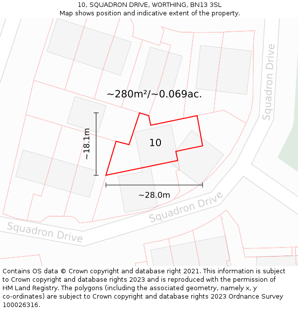 10, SQUADRON DRIVE, WORTHING, BN13 3SL: Plot and title map