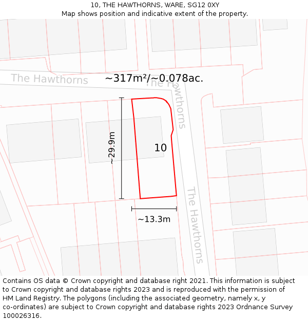 10, THE HAWTHORNS, WARE, SG12 0XY: Plot and title map