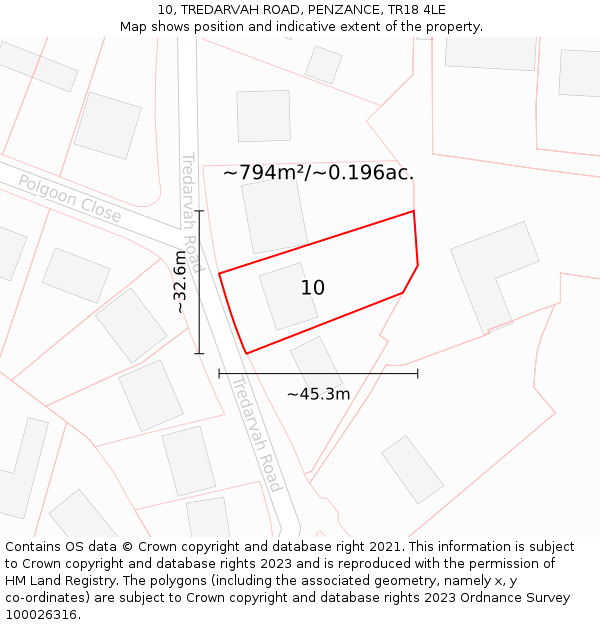 10, TREDARVAH ROAD, PENZANCE, TR18 4LE: Plot and title map