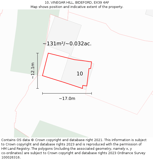 10, VINEGAR HILL, BIDEFORD, EX39 4AF: Plot and title map