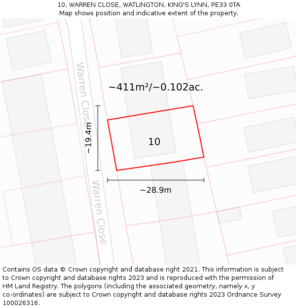 10, WARREN CLOSE, WATLINGTON, KING'S LYNN, PE33 0TA: Plot and title map