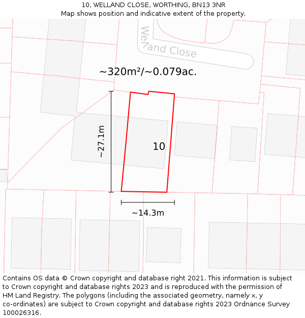 10, WELLAND CLOSE, WORTHING, BN13 3NR: Plot and title map