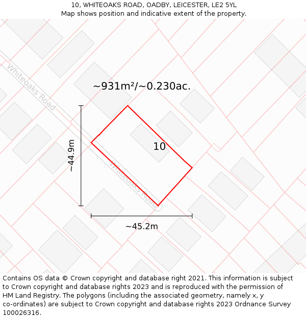 10, WHITEOAKS ROAD, OADBY, LEICESTER, LE2 5YL: Plot and title map