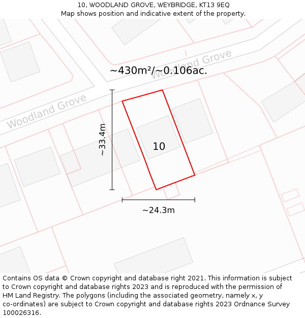 10, WOODLAND GROVE, WEYBRIDGE, KT13 9EQ: Plot and title map