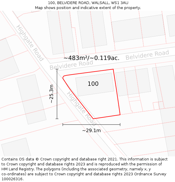 100, BELVIDERE ROAD, WALSALL, WS1 3AU: Plot and title map