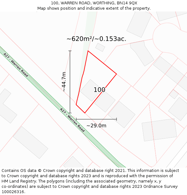 100, WARREN ROAD, WORTHING, BN14 9QX: Plot and title map