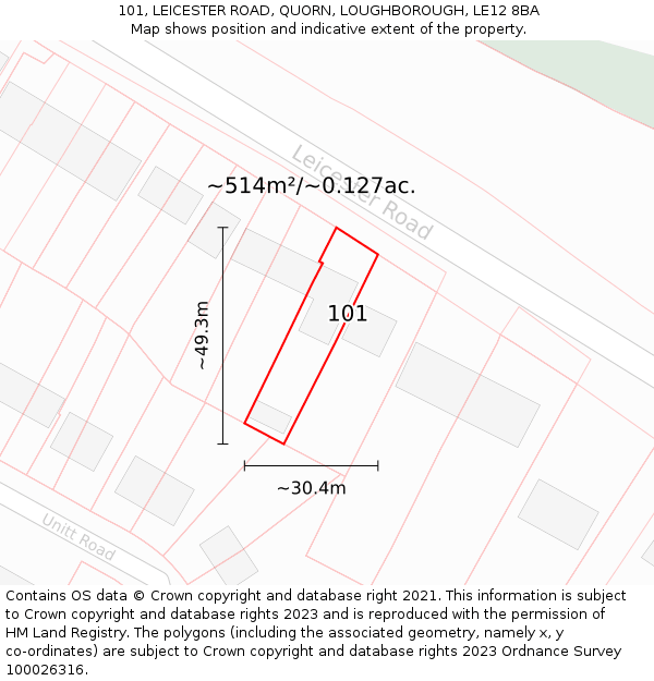 101, LEICESTER ROAD, QUORN, LOUGHBOROUGH, LE12 8BA: Plot and title map