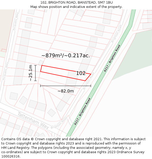 102, BRIGHTON ROAD, BANSTEAD, SM7 1BU: Plot and title map