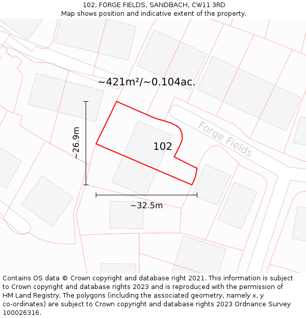 102, FORGE FIELDS, SANDBACH, CW11 3RD: Plot and title map