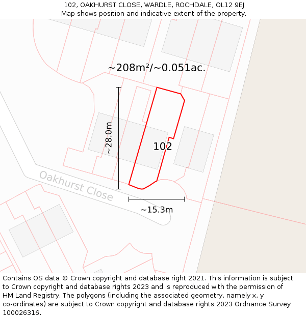 102, OAKHURST CLOSE, WARDLE, ROCHDALE, OL12 9EJ: Plot and title map