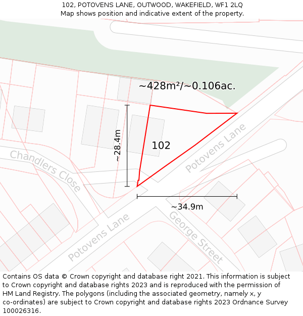 102, POTOVENS LANE, OUTWOOD, WAKEFIELD, WF1 2LQ: Plot and title map