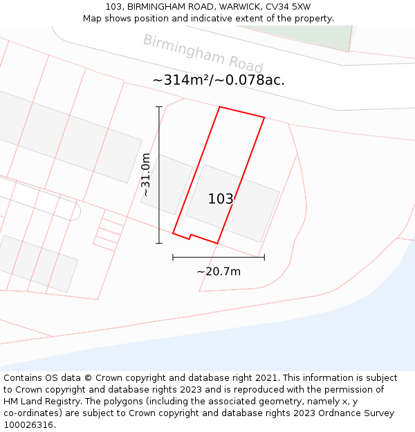 103, BIRMINGHAM ROAD, WARWICK, CV34 5XW: Plot and title map