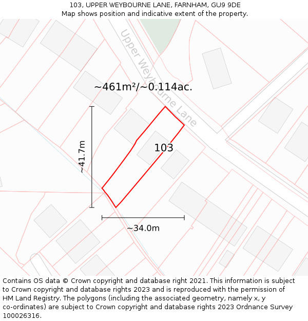 103, UPPER WEYBOURNE LANE, FARNHAM, GU9 9DE: Plot and title map