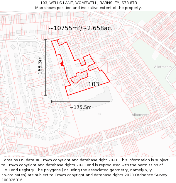 103, WELLS LANE, WOMBWELL, BARNSLEY, S73 8TB: Plot and title map