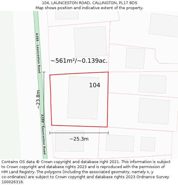 104, LAUNCESTON ROAD, CALLINGTON, PL17 8DS: Plot and title map