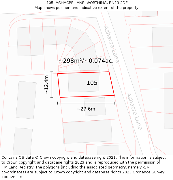 105, ASHACRE LANE, WORTHING, BN13 2DE: Plot and title map