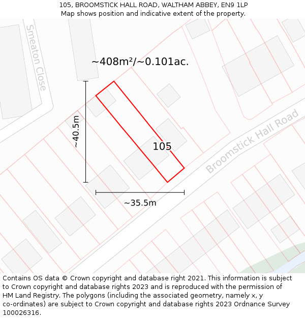 105, BROOMSTICK HALL ROAD, WALTHAM ABBEY, EN9 1LP: Plot and title map