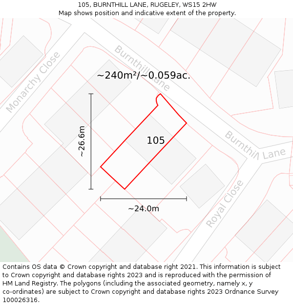 105, BURNTHILL LANE, RUGELEY, WS15 2HW: Plot and title map