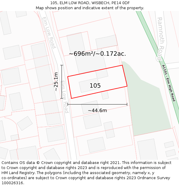 105, ELM LOW ROAD, WISBECH, PE14 0DF: Plot and title map