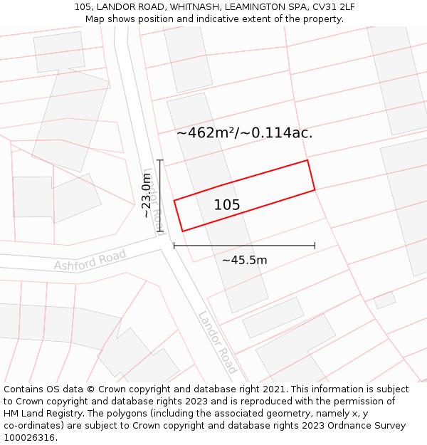 105, LANDOR ROAD, WHITNASH, LEAMINGTON SPA, CV31 2LF: Plot and title map