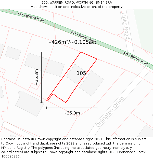 105, WARREN ROAD, WORTHING, BN14 9RA: Plot and title map