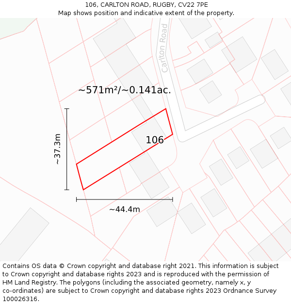 106, CARLTON ROAD, RUGBY, CV22 7PE: Plot and title map